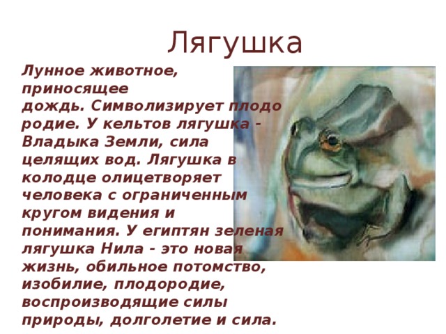 Лягушка Лунное животное, приносящее дождь. Символизирует плодородие. У кельтов лягушка - Владыка Земли, сила целящих вод. Лягушка в колодце олицетворяет человека с ограниченным кругом видения и понимания. У египтян зеленая лягушка Нила - это новая жизнь, обильное потомство, изобилие, плодородие, воспроизводящие силы природы, долголетие и сила. 