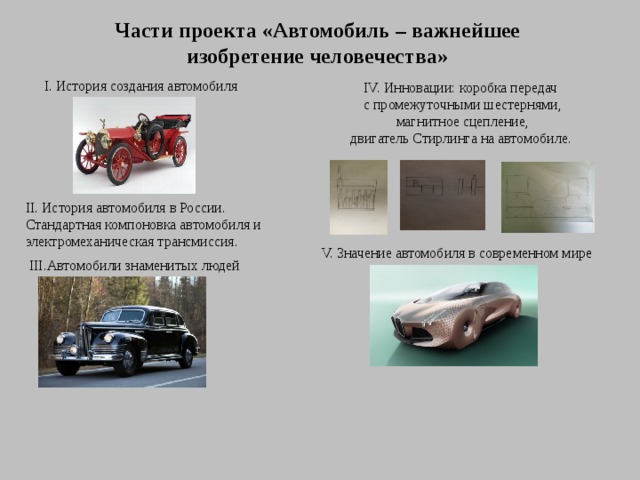  Части проекта «Автомобиль – важнейшее изобретение человечества»   I. История создания автомобиля IV. Инновации: коробка передач с промежуточными шестернями, магнитное сцепление, двигатель Стирлинга на автомобиле. II. История автомобиля в России. Стандартная компоновка автомобиля и электромеханическая трансмиссия. V. Значение автомобиля в современном мире III.Автомобили знаменитых людей 