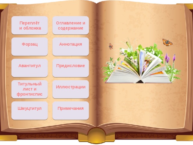Оглавление и содержание Переплёт  и обложка Аннотация Форзац Авантитул Предисловие Титульный лист и фронтиспис Иллюстрации Шмуцтитул Примечания 