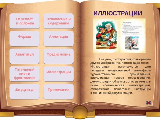 Иллюстрации Переплёт Оглавление и содержание  и обложка Форзац Аннотация Авантитул Предисловие  Рисунок, фотография, гравюра или другое изображение, поясняющее текст. Иллюстрации используются для передачи эмоциональной атмосферы художественного произведения, визуализации героев повествования, демонстрации объектов, описываемых в книге (ботаническая иллюстрация), отображения пошаговых инструкций в технической документации. Титульный лист и фронтиспис Иллюстрации Примечания Шмуцтитул 