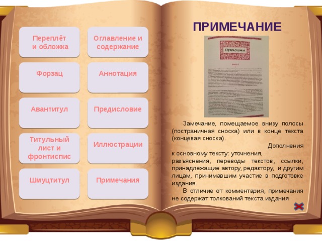 Примечание Оглавление и содержание Переплёт  и обложка Аннотация Форзац Авантитул Предисловие  Замечание, помещаемое внизу полосы (постраничная сноска) или в конце текста (концевая сноска).  Дополнения к основному тексту: уточнения, разъяснения, переводы текстов, ссылки, принадлежащие автору, редактору,  и другим лицам, принимавшим участие в подготовке издания.  В отличие от комментария, примечания не содержат толкований текста издания. Титульный лист и фронтиспис Иллюстрации Примечания Шмуцтитул 