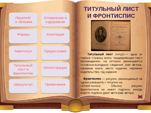 Титульный лист и фронтиспис Оглавление и содержание Переплёт  и обложка Аннотация Форзац Авантитул Предисловие  Титульный лист (титул) — одна из первых страниц книги, предваряющая текст произведения, на котором размещаются основные выходные сведения: имя автора, название книги, место издания, название издательства, год издания.  Фронтиспиc  — рисунок, размещаемый на одном развороте с титулом на чётной полосе. Обычно рисунок фронтисписа не имеет подписи, иногда вместо подписи дают автограф автора. Титульный лист и фронтиспис Иллюстрации Примечания Шмуцтитул 