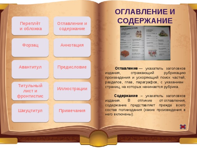 Оглавление и содержание Переплёт Оглавление и содержание  и обложка Форзац Аннотация Авантитул Предисловие  Оглавление  — указатель заголовков издания, отражающий рубрикацию произведения и ускоряющий поиск частей, разделов, глав, параграфов, с указанием страниц, на которых начинается рубрика.   Содержание – указатель заголовков издания. В отличие от оглавления, содержание представляет прежде всего состав полииздания (какие произведения в него включены). Титульный лист и фронтиспис Иллюстрации Шмуцтитул Примечания 