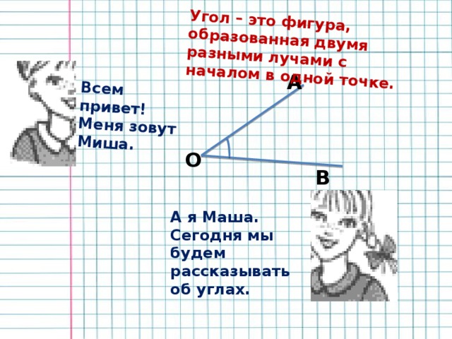 Всем привет! Меня зовут Миша. Угол – это фигура, образованная двумя разными лучами с началом в одной точке. А О В А я Маша. Сегодня мы будем рассказывать об углах. 