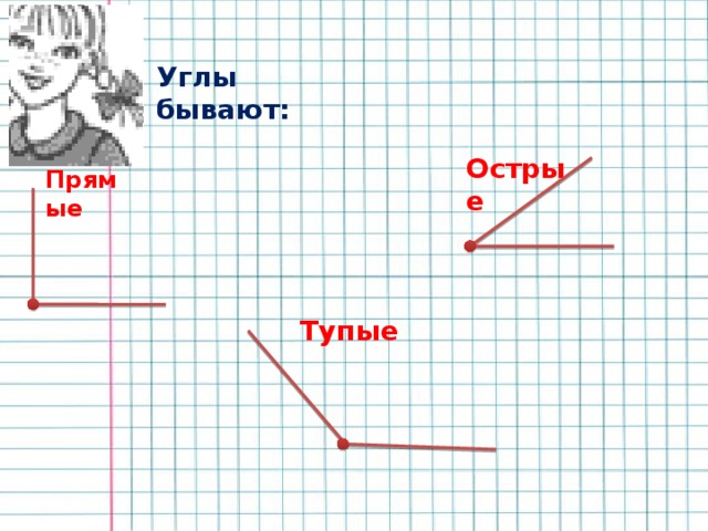 Углы бывают: Острые Прямые Тупые 