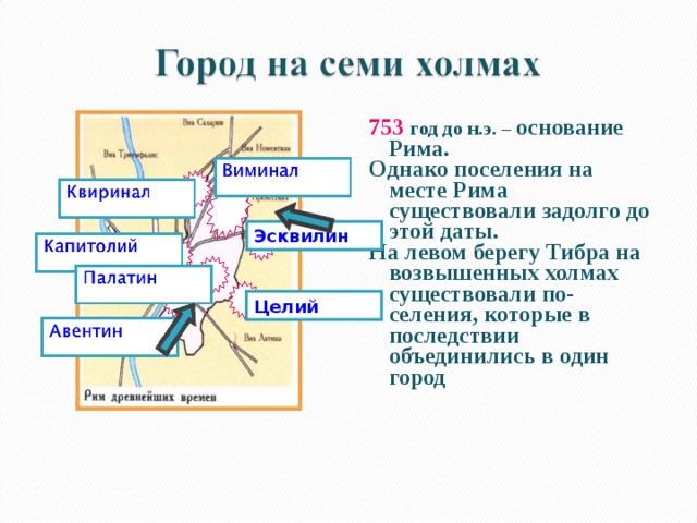 753  год до н.э. – основание Рима. Однако поселения на месте Рима существовали задолго до этой даты. На левом берегу Тибра на возвышенных холмах существовали по-селения, которые в последствии объединились в один город  Эсквилин Целий 