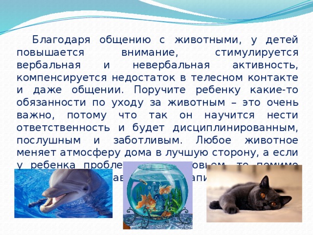 Благодаря общению с животными, у детей повышается внимание, стимулируется вербальная и невербальная активность, компенсируется недостаток в телесном контакте и даже общении. Поручите ребенку какие-то обязанности по уходу за животным – это очень важно, потому что так он научится нести ответственность и будет дисциплинированным, послушным и заботливым. Любое животное меняет атмосферу дома в лучшую сторону, а если у ребенка проблемы со здоровьем, то помимо этого стоит добавить зоотерапию к основному лечению. 