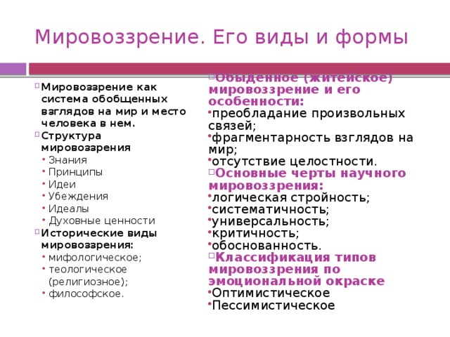 Мировоззрение. Его виды и формы Мировоззрение как система обобщенных взглядов на мир и место человека в нем. Структура мировоззрения Обыденное (житейское) мировоззрение и его особенности: Знания Принципы Идеи Убеждения Идеалы Духовные ценности Знания Принципы Идеи Убеждения Идеалы Духовные ценности Исторические виды мировоззрения: мифологическое; теологическое (религиозное); философское.  мифологическое; теологическое (религиозное); философское.  преобладание произвольных связей; фрагментарность взглядов на мир; отсутствие целостности. преобладание произвольных связей; фрагментарность взглядов на мир; отсутствие целостности. Основные черты научного мировоззрения: логическая стройность; систематичность; универсальность; критичность; обоснованность. логическая стройность; систематичность; универсальность; критичность; обоснованность. Классификация типов мировоззрения по эмоциональной окраске Оптимистическое Пессимистическое Оптимистическое Пессимистическое 