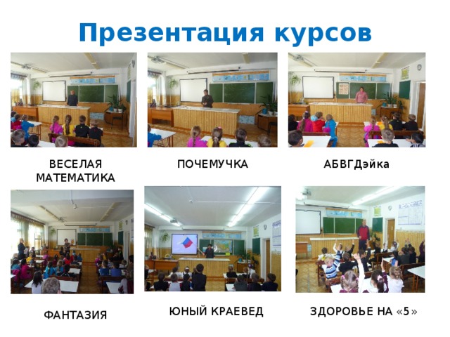Презентация курсов ПОЧЕМУЧКА ВЕСЕЛАЯ МАТЕМАТИКА АБВГДэйка ЮНЫЙ КРАЕВЕД ЗДОРОВЬЕ НА «5» ФАНТАЗИЯ 