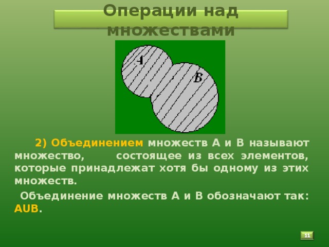 Операции над множествами          2) Объединением множеств А и В называют множество, состоящее из всех элементов, которые принадлежат хотя бы одному из этих множеств.  Объединение множеств А и В обозначают так: АUВ .   11 