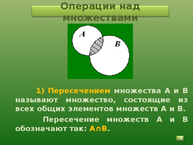 Операции над множествами         1) Пересечением множества А и В называют множество, состоящие из всех общих элементов множеств А и В.  Пересечение множеств А и В обозначают так:  А∩В . 9 