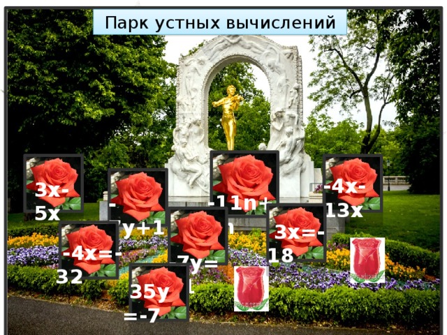 Парк устных вычислений  -11n+8n -4x-13x 3x-5x -7y+12y  3х=-18  -7y=21  -4х=-32  35y =-7 