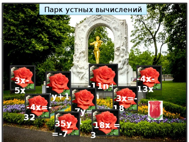 Парк устных вычислений  -11n+8n -4x-13x 3x-5x -7y+12y  3х=-18  -7y=21  -4х=-32  35y =-7  18x = 3 