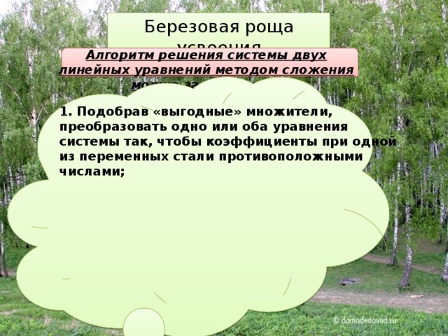 Березовая роща усвоения Алгоритм решения системы двух линейных уравнений методом сложения можно записать так: 1. Подобрав «выгодные» множители, преобразовать одно или оба уравнения системы так, чтобы коэффициенты при одной из переменных стали противоположными числами; 