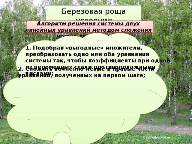 Березовая роща усвоения Алгоритм решения системы двух линейных уравнений методом сложения можно записать так: 1. Подобрав «выгодные» множители, преобразовать одно или оба уравнения системы так, чтобы коэффициенты при одной из переменных стали противоположными числами; 2. Сложить почленно левые и правые части уравнений, полученных на первом шаге; 