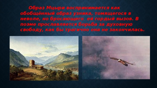  Образ Мцыри воспринимается как обобщённый образ узника, томящегося в неволе, но бросающего ей гордый вызов. В поэме прославляется борьба за духовную свободу, как бы трагично она не закончилась. 