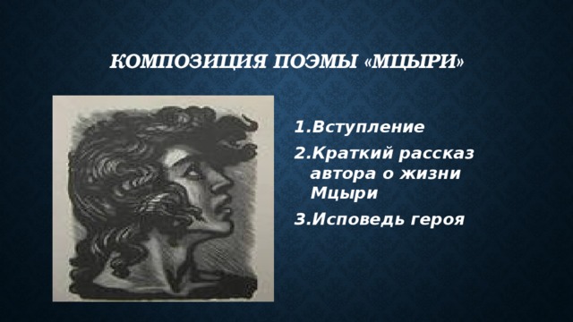 Композиция поэмы «Мцыри» Вступление Краткий рассказ автора о жизни Мцыри Исповедь героя  