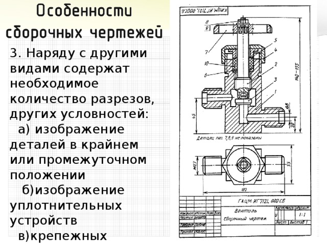 3. Наряду с другими видами содержат необходимое количество разрезов, других условностей:  а) изображение деталей в крайнем или промежуточном положении  б)изображение уплотнительных устройств  в)крепежных деталей  г) одинаковых элементов и т.д 7