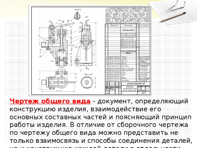 Чеpтеж общего вида  - документ, опpеделяющий констpукцию изделия, взаимодействие его основных составных частей и поясняющий пpинцип работы изделия. В отличие от сборочного чертежа по чертежу общего вида можно представить не только взаимосвязь и способы соединения деталей, но и констpукцию каждой детали в отдельности.