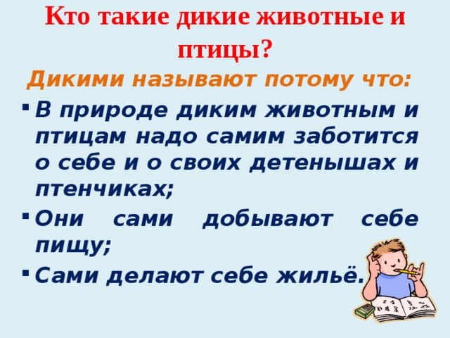 Кто такие дикие животные и птицы? Дикими называют потому что: В природе диким животным и птицам надо самим заботится о себе и о своих детенышах и птенчиках; Они сами добывают себе пищу; Сами делают себе жильё. 