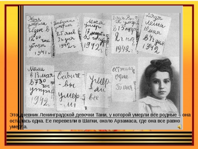 Это дневник Ленинградской девочки Тани, у которой умерли все родные – она осталась одна. Ее перевезли в Шатки, около Арзамаса, где она все равно умерла. 