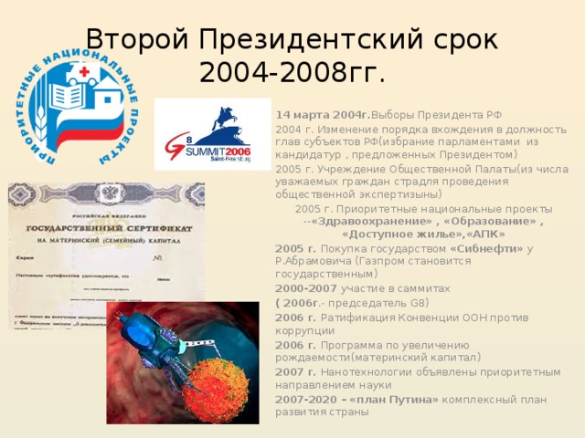 Второй Президентский срок  2004-2008гг. 14 марта 2004г. Выборы Президента РФ 2004 г. Изменение порядка вхождения в должность глав субъектов РФ(избрание парламентами из кандидатур , предложенных Президентом) 2005 г. Учреждение Общественной Палаты(из числа уважаемых граждан страдля проведения общественной экспертизыны) 2005 г. Приоритетные национальные проекты -- «Здравоохранение» , «Образование» , «Доступное жилье»,«АПК» 2005 г. Покупка государством «Сибнефти» у Р.Абрамовича (Газпром становится государственным) 2000-2007 участие в саммитах ( 2006г .- председатель G8) 2006 г. Ратификация Конвенции ООН против коррупции 2006 г. Программа по увеличению рождаемости(материнский капитал) 2007 г. Нанотехнологии объявлены приоритетным направлением науки 2007-2020 – «план Путина» комплексный план развития страны  