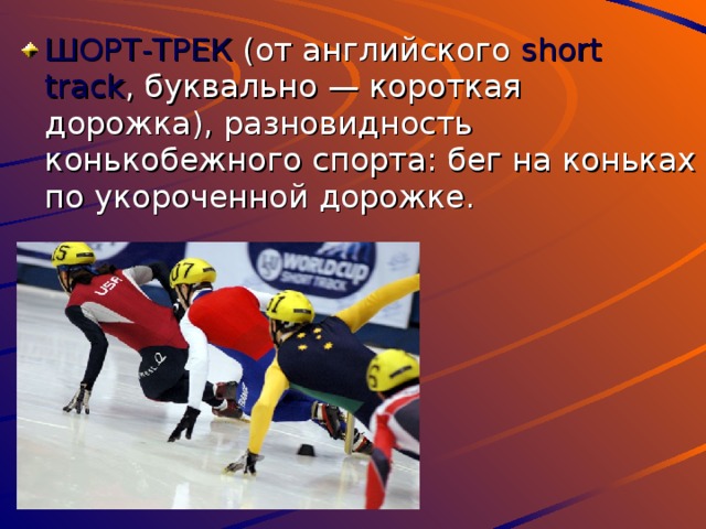 ШОРТ-ТРЕК (от английского short  track , буквально — короткая дорожка), разновидность конькобежного спорта: бег на коньках по укороченной дорожке. 