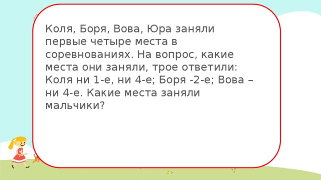 Коля, Боря, Вова, Юра заняли первые четыре места в соревнованиях. На вопрос, какие места они заняли, трое ответили: Коля ни 1-е, ни 4-е; Боря -2-е; Вова – ни 4-е. Какие места заняли мальчики? 