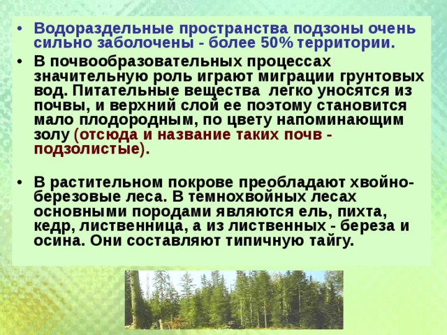 Водораздельные пространства подзоны очень сильно заболочены - более 50% территории.  В почвообразовательных процессах значительную роль играют миграции грунтовых вод. Питательные вещества легко уносятся из почвы, и верхний слой ее поэтому становится мало плодородным, по цвету напоминающим золу (отсюда и название таких почв - подзолистые).   В растительном покрове преобладают хвойно-березовые леса. В темнохвойных лесах основными породами являются ель, пихта, кедр, лиственница, а из лиственных - береза и осина. Они составляют типичную тайгу. 