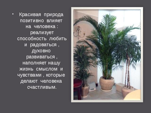 Красивая природа позитивно влияет на человека : реализует способность любить и радоваться , духовно развиваться , наполняет нашу жизнь смыслом и чувствами , которые делают человека счастливым. 