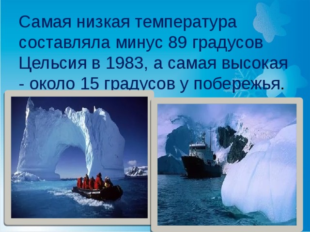 Самая низкая температура составляла минус 89 градусов Цельсия в 1983, а самая высокая - около 15 градусов у побережья . 