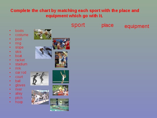 Complete the chart by matching each sport with the place and equipment which go with it.   sport place equipment boots costume pool ring slope skis boat racket stadium rink oar rod court ball gloves river alley pitch hoop 