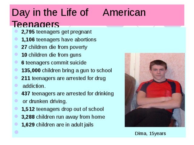 Day in the Life of  American  Teenagers 2,795 teenagers get pregnant 1,106 teenagers have abortions 27 children die from poverty 10 children die from guns 6 teenagers commit suicide 135,000 children bring a gun to school 211 teenagers are arrested for drug  addiction. 437 teenagers are arrested for drinking  or drunken driving. 1,512 teenagers drop out of school 3,288 children run away from home 1,629 children are in adult jails  Dima, 15years 