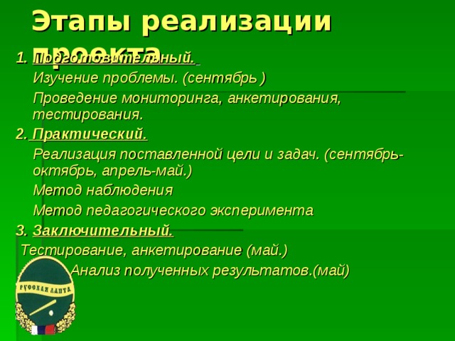 Этапы реализации проекта 1.  Подготовительный.   Изучение проблемы. (сентябрь )  Проведение мониторинга, анкетирования, тестирования. 2.  Практический.  Реализация поставленной цели и задач. (сентябрь-октябрь, апрель-май.)  Метод наблюдения  Метод педагогического эксперимента 3. Заключительный.  Тестирование, анкетирование (май.)  Анализ полученных результатов.(май)   