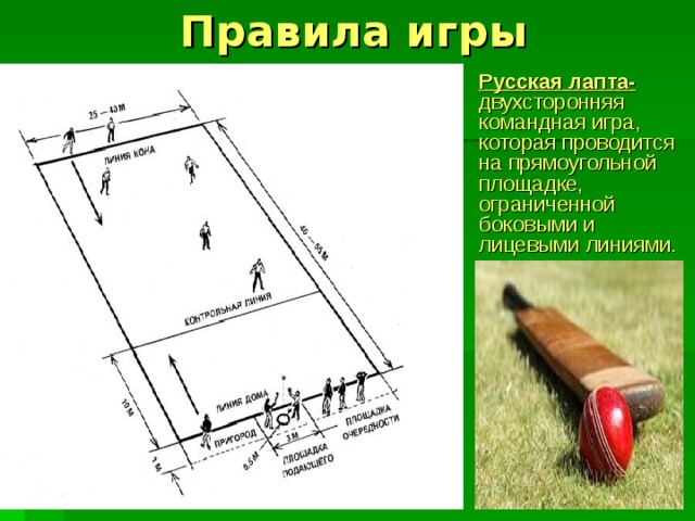 Правила игры Русская лапта- двухсторонняя командная игра, которая проводится на прямоугольной площадке, ограниченной боковыми и лицевыми линиями. 