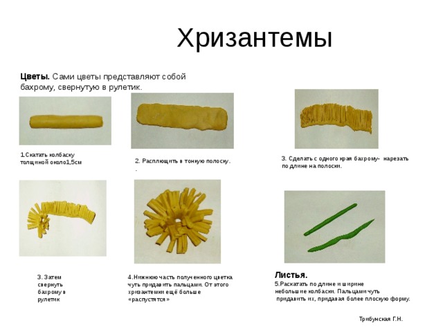 Хризантемы Цветы. Сами цветы представляют собой бахрому, свернутую в рулетик. 1.Скатать колбаску толщиной около1,5см 3. Сделать с одного края бахрому- нарезать по длине на полоски. 2. Расплющить в тонкую полоску . . Листья. 5.Раскатать по длине и ширине небольшие колбаски. Пальцами чуть  придавить их, придавая более плоскую форму. 3. Затем свернуть бахрому в рулетик 4.Нижнюю часть полученного цветка чуть придавить пальцами. От этого хризантемки ещё больше «распустятся» Трибунская Г.Н. 