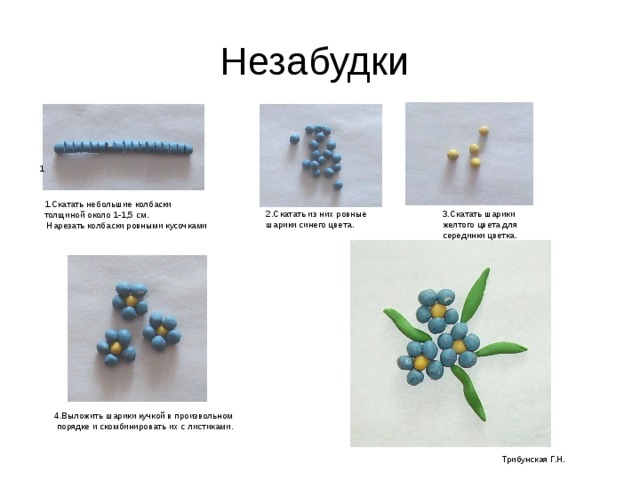 Незабудки 1 1.Скатать небольшие колбаски толщиной около 1-1,5 см.  Нарезать колбаски ровными кусочками 2.Скатать из них ровные шарики синего цвета. 3.Скатать шарики желтого цвета для серединки цветка. 4.Выложить шарики кучкой в произвольном  порядке и скомбинировать их с листиками. Трибунская Г.Н. 