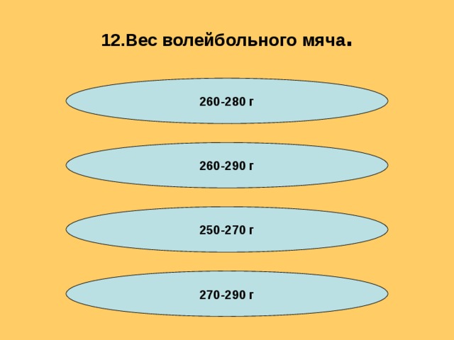 12.Вес волейбольного мяча . 260-280 г 260-290 г 250-270 г 270-290 г 