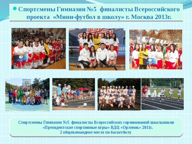 Спортсмены Гимназии №5 финалисты Всероссийского проекта «Мини-футбол в школу» г. Москва 2013г. Спортсмены Гимназии №5 финалисты Всероссийских соревнований школьников «Президентские спортивные игры» ВДЦ «Орленок» 2011г. 2 общекомандное место по баскетболу 