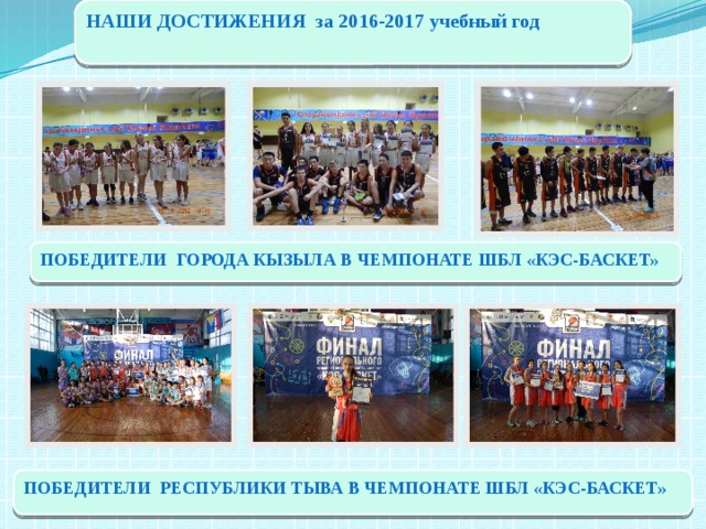 НАШИ ДОСТИЖЕНИЯ за 2016-2017 учебный год ПОБЕДИТЕЛИ ГОРОДА КЫЗЫЛА В ЧЕМПОНАТЕ ШБЛ «КЭС-БАСКЕТ» ПОБЕДИТЕЛИ РЕСПУБЛИКИ ТЫВА В ЧЕМПОНАТЕ ШБЛ «КЭС-БАСКЕТ» 
