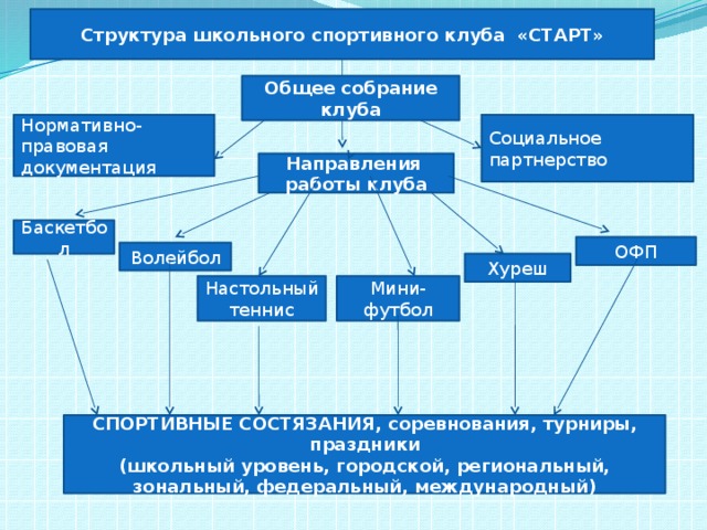 Структура школьного спортивного клуба «СТАРТ» Общее собрание клуба Нормативно-правовая документация Социальное партнерство Направления работы клуба Баскетбол ОФП Волейбол Хуреш Мини-футбол Настольный теннис СПОРТИВНЫЕ СОСТЯЗАНИЯ, соревнования, турниры, праздники (школьный уровень, городской, региональный, зональный, федеральный, международный) 