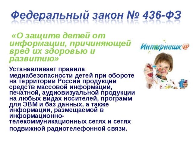  «О защите детей от информации, причиняющей вред их здоровью и развитию»   Устанавливает правила медиабезопасности детей при обороте на территории России продукции средств массовой информации, печатной, аудиовизуальной продукции на любых видах носителей, программ для ЭВМ и баз данных, а также информации, размещаемой в информационно-телекоммуникационных сетях и сетях подвижной радиотелефонной связи.   