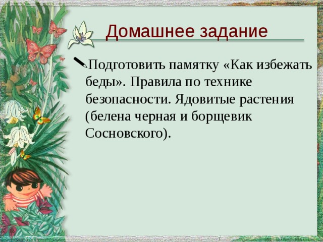 Домашнее задание Подготовить памятку «Как избежать беды». Правила по технике безопасности. Ядовитые растения (белена черная и борщевик Сосновского). 