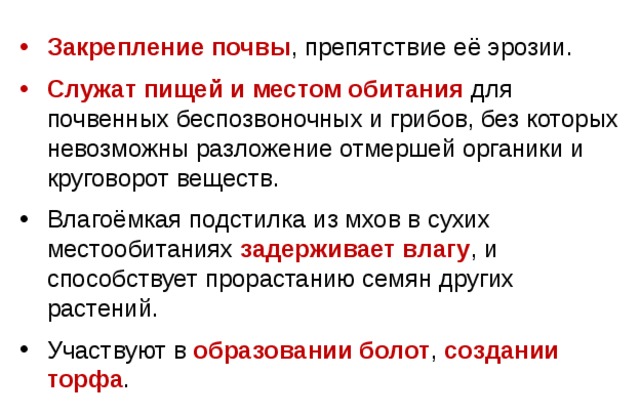 Закрепление почвы , препятствие её эрозии. Служат пищей и местом обитания для почвенных беспозвоночных и грибов, без которых невозможны разложение отмершей органики и круговорот веществ. Влагоёмкая подстилка из мхов в сухих местообитаниях задерживает влагу , и способствует прорастанию семян других растений. Участвуют в образовании болот , создании торфа . 