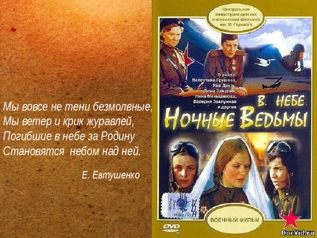 Мы вовсе не тени безмолвные, Мы ветер и крик журавлей, Погибшие в небе за Родину Становятся небом над ней. Е. Евтушенко 