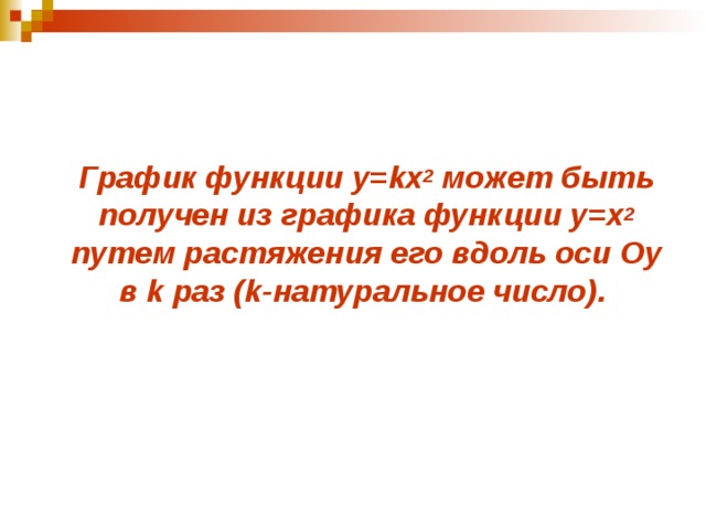  График функции у= kx 2  может быть получен из графика функции у= x 2  путем растяжения его вдоль оси Оу в k раз (k- натуральное число ) .  
