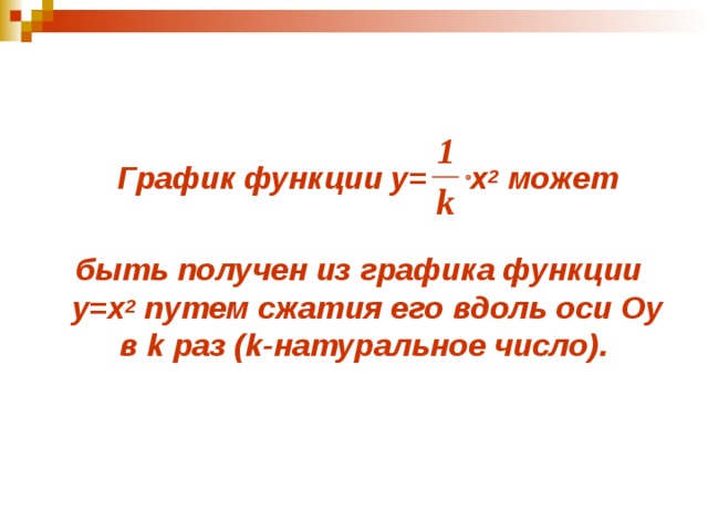  График функции у=   x 2  может   быть получен из графика функции у= x 2  путем сжатия его вдоль оси Оу в k раз (k- натуральное число ) .  
