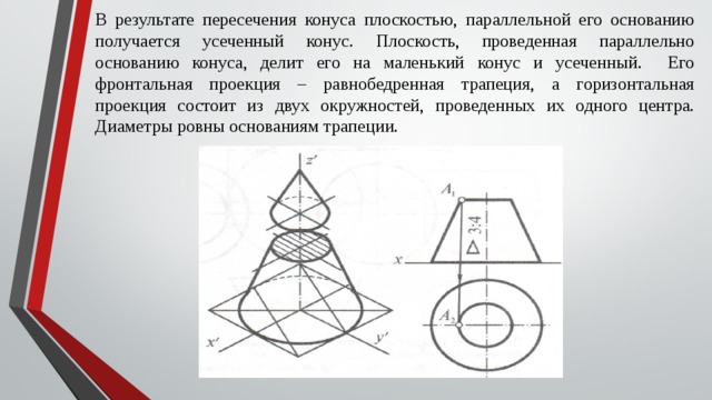 В результате пересечения конуса плоскостью, параллельной его основанию получается усеченный конус. Плоскость, проведенная параллельно основанию конуса, делит его на маленький конус и усеченный. Его фронтальная проекция – равнобедренная трапеция, а горизонтальная проекция состоит из двух окружностей, проведенных их одного центра. Диаметры ровны основаниям трапеции. 