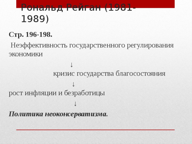 Рональд Рейган (1981-1989) Стр. 196-198.  Неэффективность государственного регулирования экономики ↓ кризис государства благосостояния ↓ рост инфляции и безработицы ↓ Политика неоконсерватизма. 