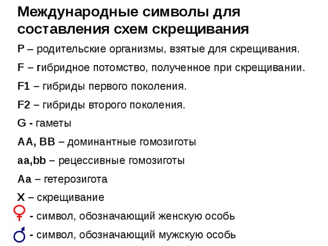 Международные символы для составления схем скрещивания  P – родительские организмы, взятые для скрещивания. F – г ибридное потомство, полученное при скрещивании. F1 – гибриды первого поколения. F2 – гибриды второго поколения. G - гаметы AА, BВ – доминантные гомозиготы aа,bb – рецессивные гомозиготы Aa – гетерозигота X – скрещивание  - символ, обозначающий женскую особь  - символ, обозначающий мужскую особь 